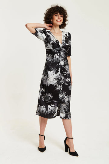 Mono Abstract Print Knot Front Midi Dress Liquorish